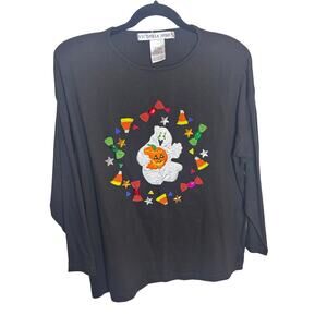 Vintage Victoria Jones Halloween Beaded Long Sleeve Black Tee Size Large L